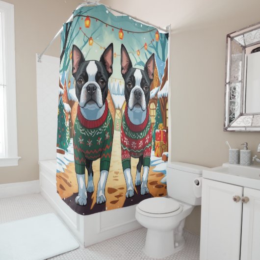 Rideaux De Douche Boston Terrier Dogs Christmas Snow Holiday (En situation)