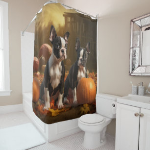 Rideaux De Douche Boston Terrier Puppy Automne Citrouille de plaisir