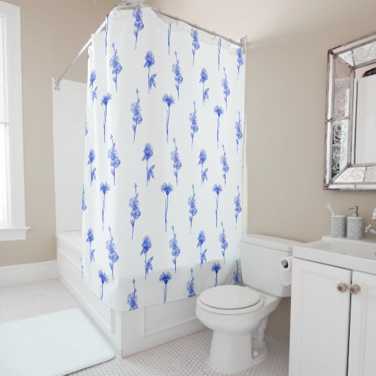 Rideaux De Douche Botanical Blue Floral Flowers Pattern Curtain (En situation)
