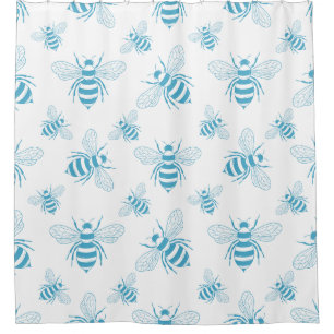 Rideaux De Douche Botanique abeille vintage bleu (1)