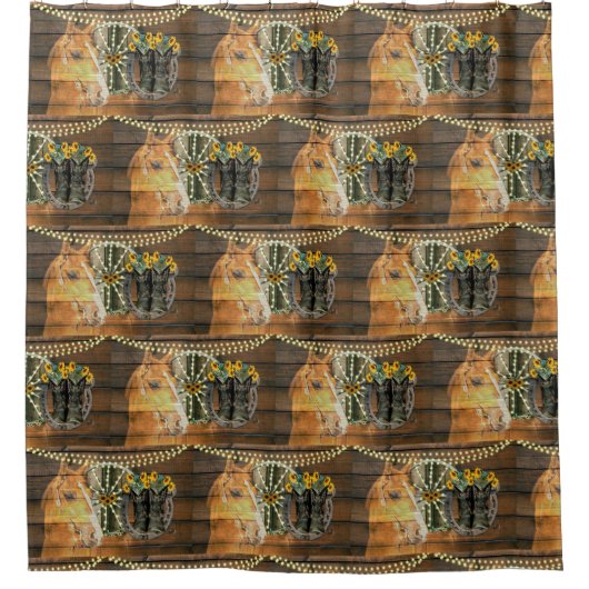 Rideaux De Douche Botte de cowboy Rustique Cheval tournesol Wagon (Devant)
