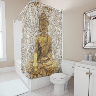 Rideaux De Douche Bouddha doré fleurs florales dorées