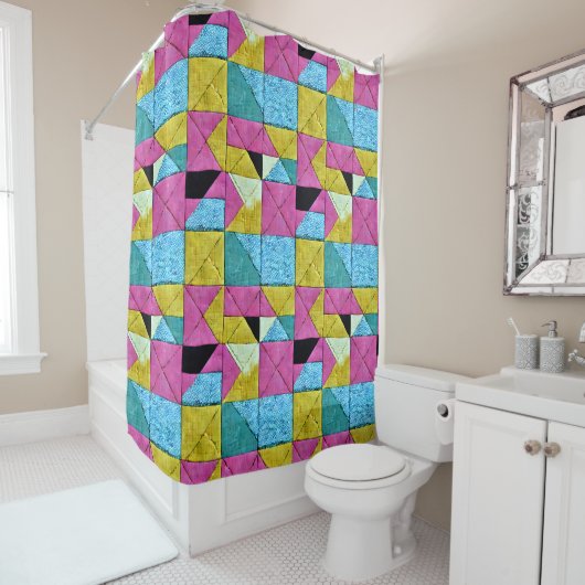 Rideaux De Douche Bouho Faux Patchwork Quilt rose jaune bleu (En situation)