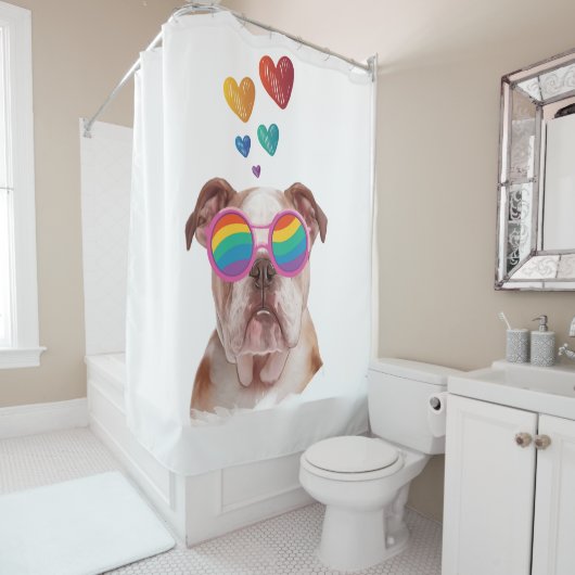 Rideaux De Douche Bouledogue anglais avec coeurs Saint-Valentin  (En situation)