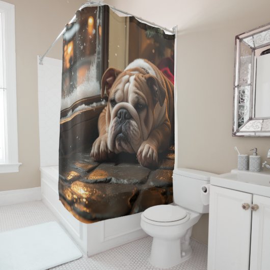 Rideaux De Douche Bouledogue avec éclairages de Noël de vacances (En situation)