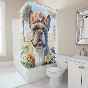 Rideaux De Douche Bouledogue français avec couronne de fleurs