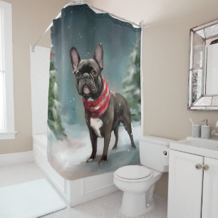 Rideaux De Douche Bouledogue français dans la neige de Noël
