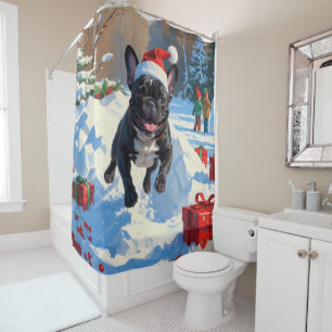 Rideaux De Douche Bouledogue français noir scène festive de Noël enn