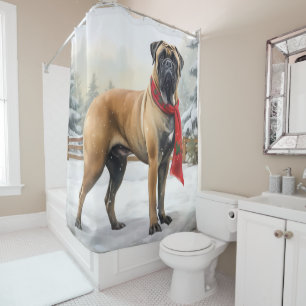 Rideaux De Douche Bouledogue Mastiff dans la neige de Noël