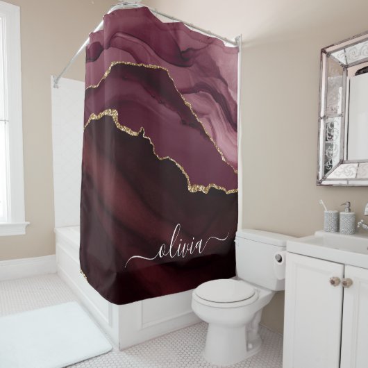 Rideaux De Douche Bourgogne violet Agate Géode Or Monogramme (En situation)