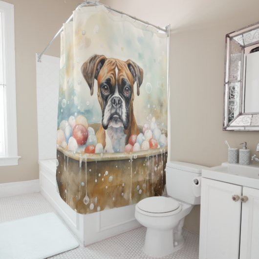 Rideaux De Douche Boxe Dans La Baignoire Aquarelle Chien Art (En situation)
