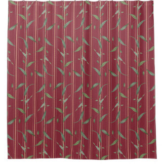 Rideaux De Douche Branche de feuilles sur papier peint rouge