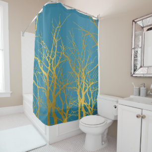 Rideaux De Douche Branches Gold Tree Motif Arrière - plan bleu