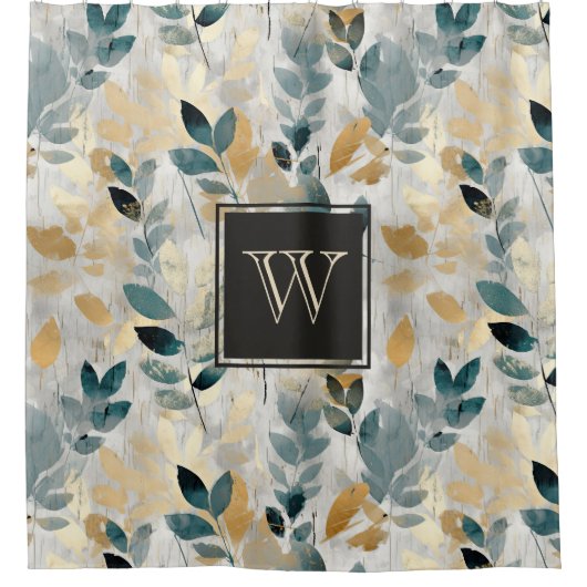 Rideaux De Douche Branches Monogram Blue et Gold Boho (Devant)