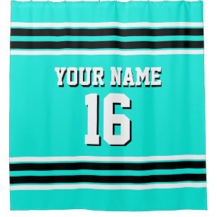 Rideaux De Douche Bright Aqua Black White Stripes Sport Jersey