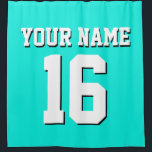 Rideaux De Douche Bright Aqua White Sports Jersey Team Jersey<br><div class="desc">Preppy Solid Color Team Jersey / Sports Jersey / Football Jersey / Rugby Jersey avec Nom Personnalisé Customisez ceci avec votre nom propre ou nom d'équipe et un numéro. Vous pouvez modifier la taille, la couleur et l'emplacement du texte si vous avez besoin d'apporter des modifications, de modifier la couleur...</div>