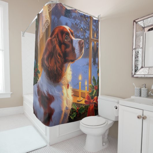 Rideaux De Douche Brittany Spaniel with Christmas Lights Holiday  (En situation)