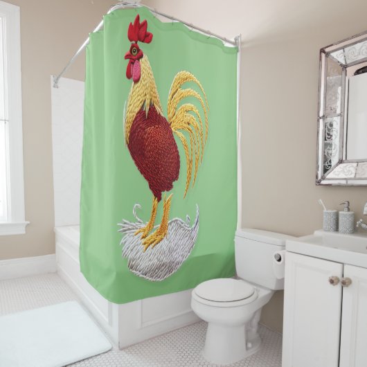 Rideaux De Douche Broderie coq - Broderie animal traditionnel (En situation)