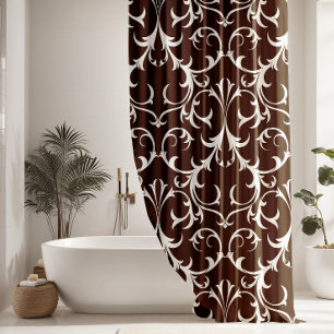 Rideaux De Douche Brown foncé classique et blanc Damas Floral