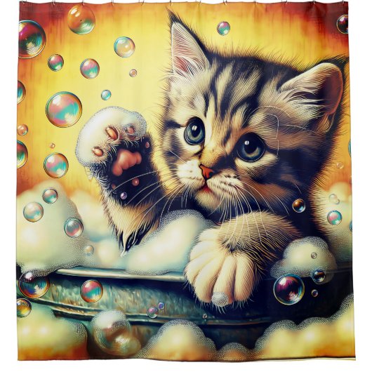 Rideaux De Douche "Bubble Bath Kitten - Whimsical Bath Time Art" (Devant)
