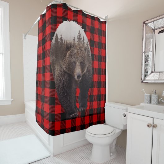 Rideaux De Douche Buffalo Plaid Ours Brown Cabine Rustique (En situation)