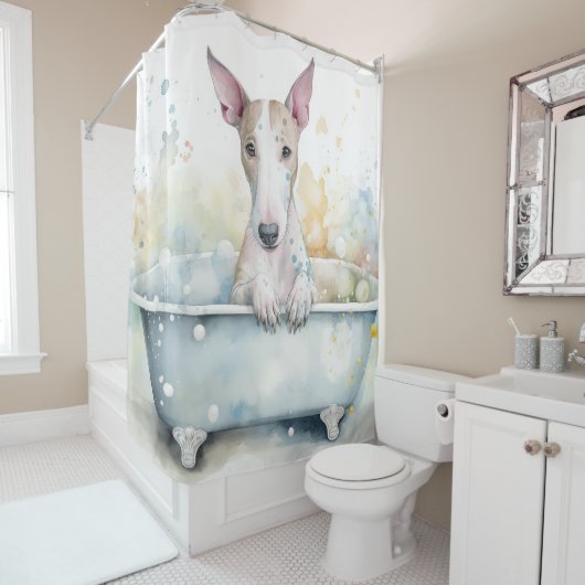 Rideaux De Douche Bull Terrier Dans Baignoire Aquarelle Chien Art (En situation)