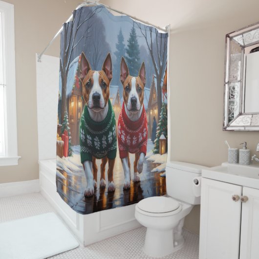 Rideaux De Douche Bull Terrier Dogs Christmas Snow Holiday (En situation)
