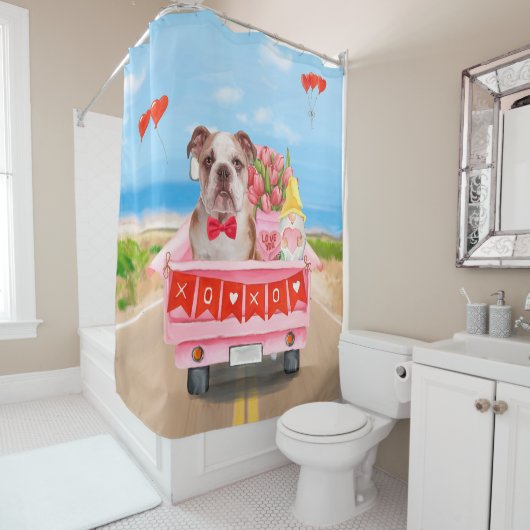 Rideaux De Douche Bulldog anglais Saint-Valentin Coeurs de camion (En situation)