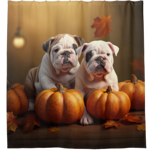 Rideaux De Douche Bulldog Chiot Automne Citrouille de plaisir (Devant)