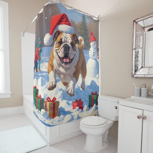 Rideaux De Douche Bulldog Noël Festival scène de neige (En situation)