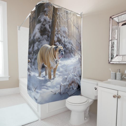 Rideaux De Douche Bulldog Qu'Il Neige Noël Brossé (En situation)