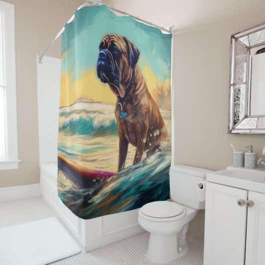 Rideaux De Douche Bullmastiff Beach Surfing Peinture (En situation)
