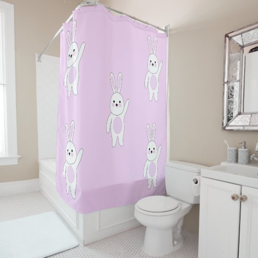Rideaux De Douche Bunny. Blanc et rose (En situation)