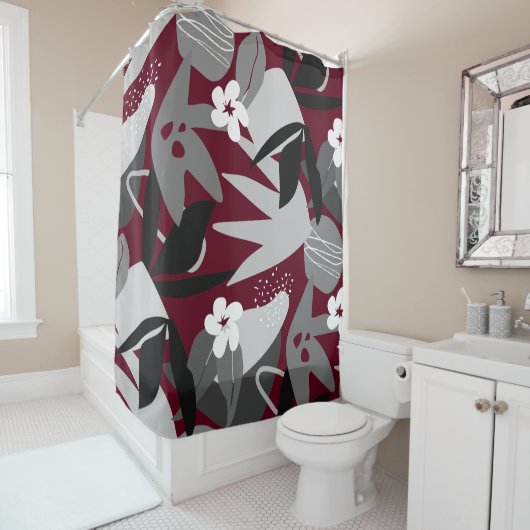 Rideaux De Douche Burgundy Grey Noir & Blanc Moderne Botanique (En situation)