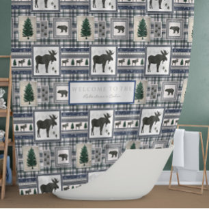 Rideaux De Douche Cabine de montagne Ours d'orignaux Bleu et vert Hy
