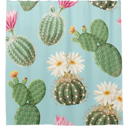 Rideaux De Douche Cactus, fleurs roses : décor clair (Devant)