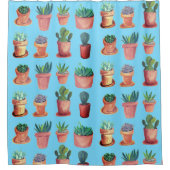 Rideaux De Douche Cactus Succulents Aquarelle Terracotta Bleu (Devant)