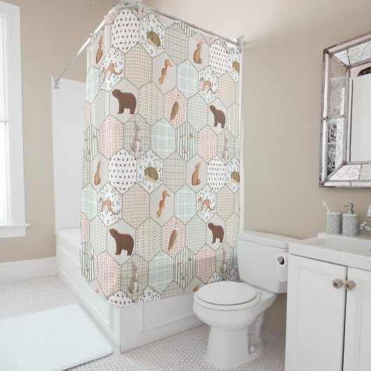 Rideaux De Douche Cadeau de Baby Shower Patchwork Animaux de la Forê (En situation)