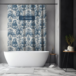 Rideaux De Douche Cadeau de monogramme Toile De Jouy Bleu Vintage