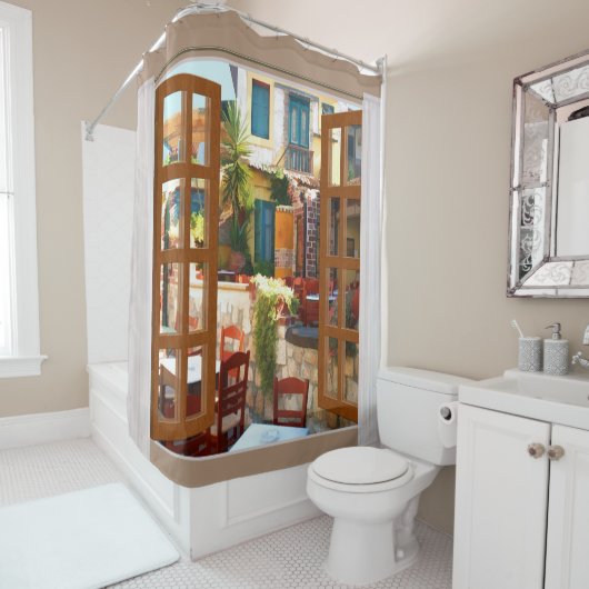 Rideaux De Douche Café extérieur méditerranéen de vue de fenêtre (En situation)