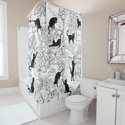 Rideaux De Douche Café Paris Chat Français Noir & Blanc (En situation)