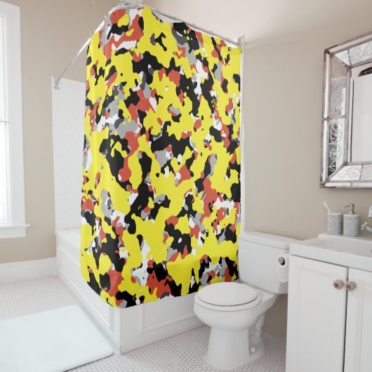 Rideaux De Douche Camouflage jaune rouge noir gris Motif Camo (En situation)