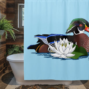 Rideaux De Douche Canard en bois coloré nénuphar faune bleu