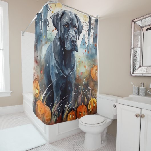 Rideaux De Douche Cane Corso d'Halloween avec citrouilles effrayant (En situation)