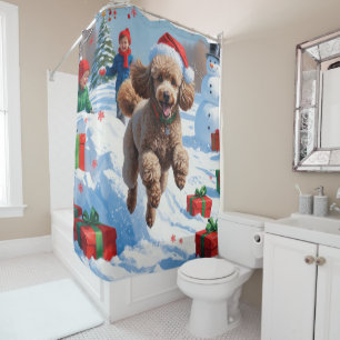 Rideaux De Douche Caniche courant dans la neige avec un chapeau de N