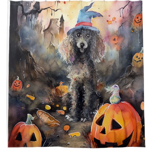 Rideaux De Douche Caniche D'Halloween Avec Peur Citrouille (Devant)