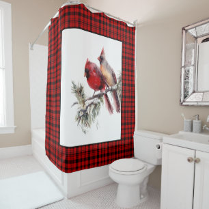 Rideaux De Douche Cardinaux à l'aquarelle en Rouge de Noël à carreau