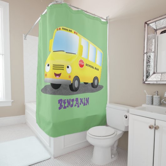 Rideaux De Douche Caricature du bus scolaire jaune joyeux (En situation)