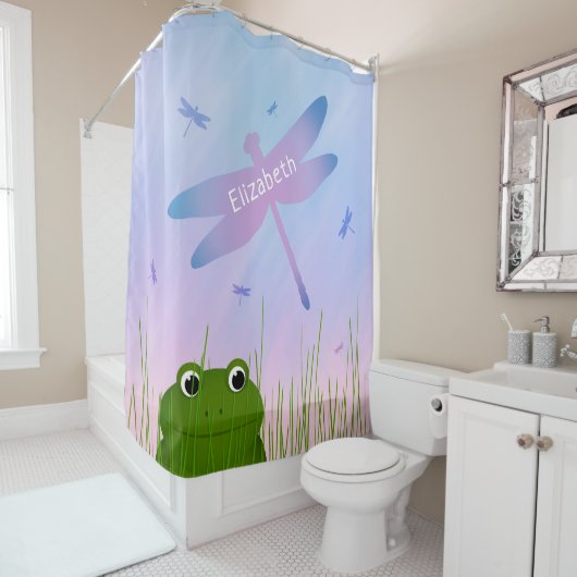 Rideaux De Douche caricature grenouille regarder sur l'herbe dragonf (En situation)