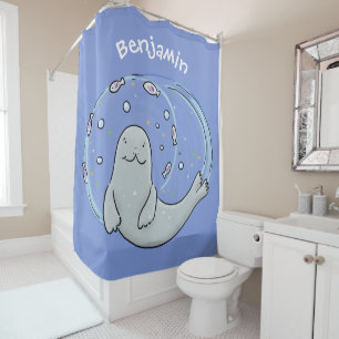 Rideaux De Douche Caricature joyeux de phoque et de poisson bleu